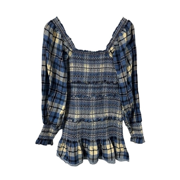 LoveShackFancy Womens Stanley Smocked Plaid Dress Sz P US 00 Blue Denim Skies - Picture 4 of 11